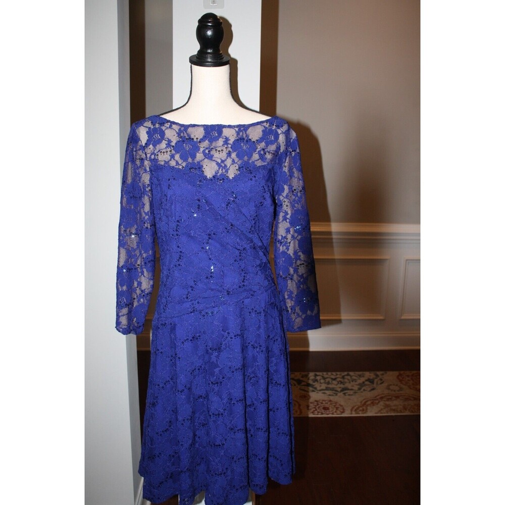 Lauren Ralph Lauren Blue Floral Lace Sequin A-Line Fit Flare Midi Dress Size 14